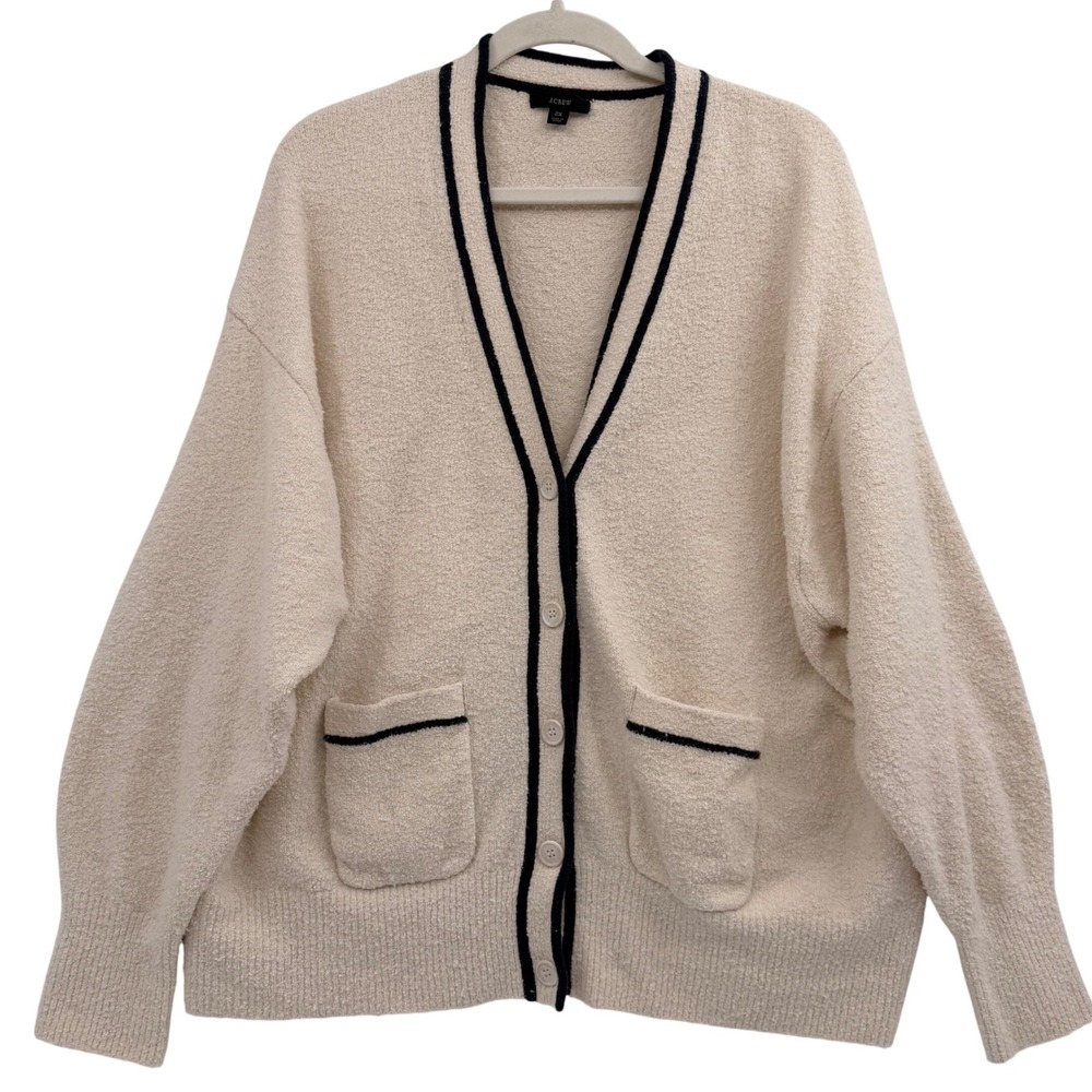 J. Crew Cotton Blend Boucle V-Neck Sweater 2X Cream‎ Navy Heritage Prep Academia